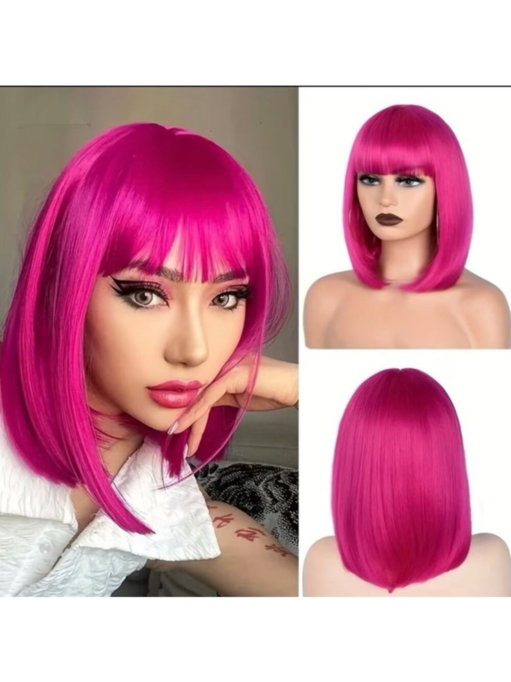 12-inch Rose Red Pink Short Straight Bob Synthetic Wig NWT